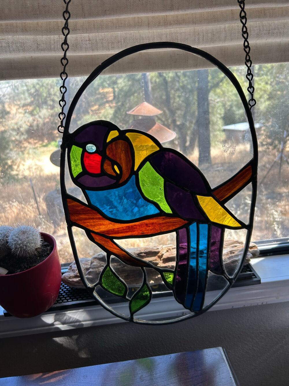 Vintage stained glass parrot suncatcher 18”